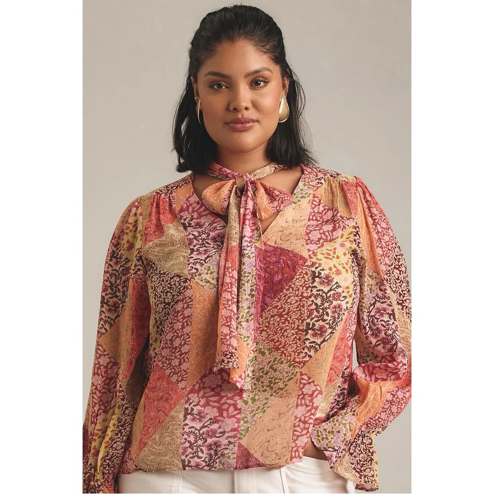 Rixo London Jovie Tie-Neck Long Sleeve‎ Top in Pink Orange Floral Patchwork